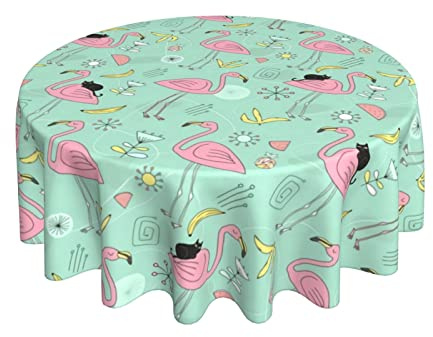 Hule Flamencos Rosados Y Gato Negro Lavable Mantel De Hule Estampado Cubremesa 152Cm para Hogar Mesa Fiesta