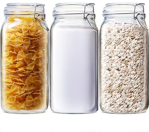 78oz - 3 Pack Square Glass Jars with Airtight Lid, Wide Mouth Mason Jars with Clamp Lids, Air Tight Glass Canisters, Best Food Storage Containers for Flour, Sugar, Cereal, Pasta, Rice, Coffee, Spice