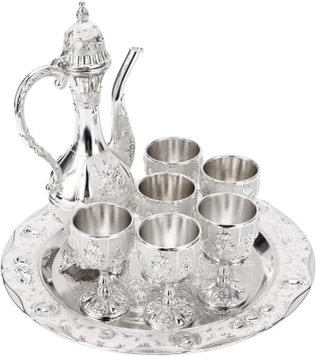 Calice Goblet Ensemble de thé turc, ensemble de tasses à café turques Service à thé vintage en argent Cafetière turque avec 6 tasses à expresso turques Tasse à boire en verre à vin pour thé, décorat