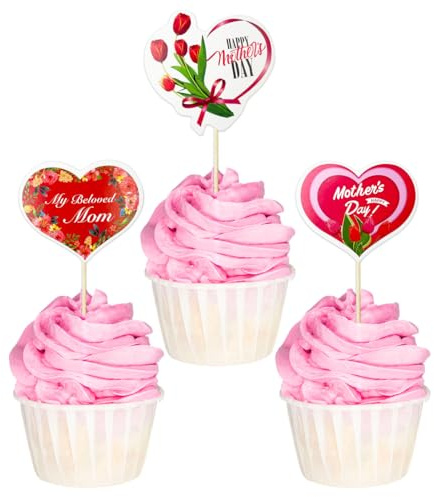 Jc.upin 24 Pcs Pink Flower Cupcake Toppers with Love Heart for Mother's Day Cake Decorations