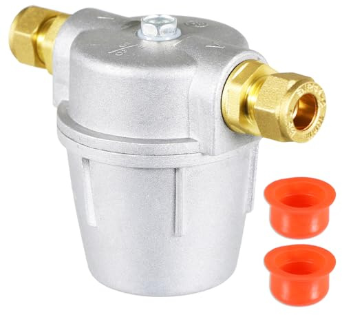 SPARES2GO Boiler Filter 3/8 Aluminium Inline Central Heating Oil Fired Fuel Strainer Bowl + 2 x 10mm Compression Connectors