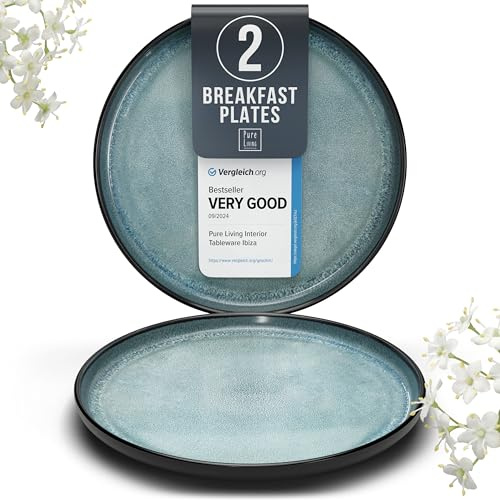 PURE LIVING INTERIOR DESIGN Stoneware small dinner plates set 2 pcs – 7.5 dark petrol blue ceramic salad & dessert plates – Dishwasher and microwave safe – Stylish plates set – Dinner service