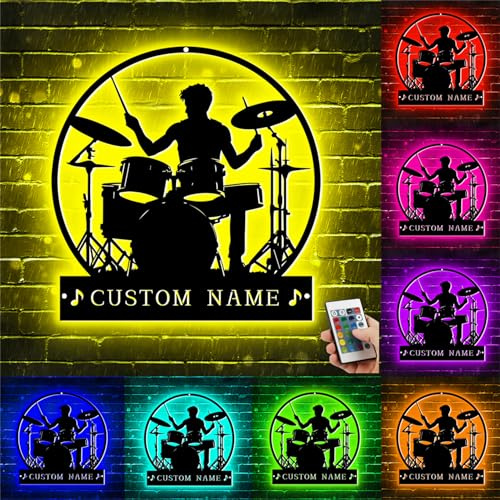 TTFEVVGX Custom Male Drummer Metal Wall Art With LED Lights Personalized Drummer Name Metal Signs Musical Room Instrument Metal Wall Decor Gift for Boy Men Drummer Music Lover Boyfriend