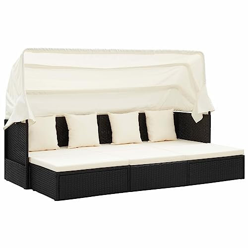 Homgoday Gartenbett Sofabett Sonnenliege mit faltbarem Sonnendach Sofa Bett Liege Gartenliege Relaxliege Gartenbett Gartenmöbel Gartenbank Gartensofa Lounge Schwarz Poly Rattan