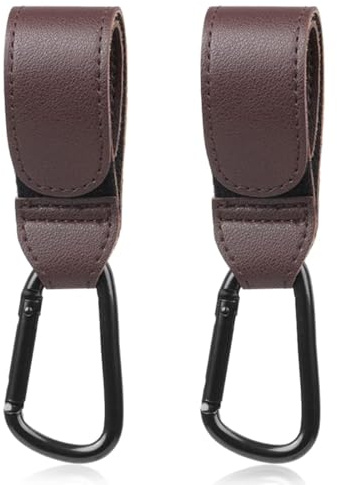 Kadem® Gancio universale, 2 pezzi, supporto per passeggino, gancio tascabile, versatile, pratico, in similpelle, con chiusura in velcro, colore marrone rosso