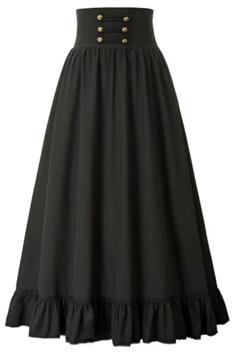 Gonna da Donna Abiti Estivi Gonna Lunga Vita Alta Orlo con Volant Linea ad A Abito da Festa Casual Pieghettato in Vita Elastica- Nero-M
