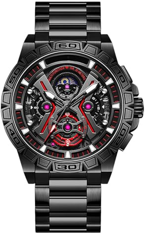 RORIOS Orologi da Polso Cool da Uomo Orologio Moda Automatico Orologio Multifunzione Meccanico Orologio Acciaio Inossidabile Scheletrato Nero