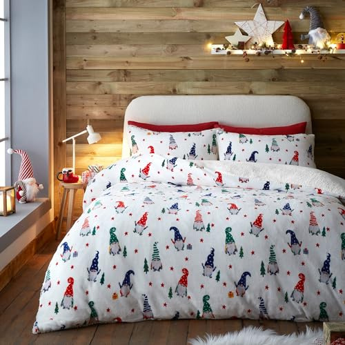 Fusion - Funda nórdica de Forro Polar Christmas Gonk - 200 x 200 cm - Reversible - 2 Fundas de Almohada - Ropa de Cama Blanca con Forro Polar - Funda nórdica de gnomo navideño - Ropa de Cama navideña