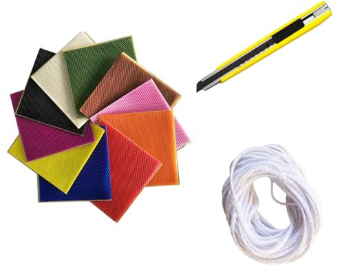VZU 10 Stück Bienenwachsplatten, Wachsplatten für Kerzen, 20 * 20 cm Selber Machen set Kinder, 10 Farben Wachsplatten für Kerzen Kommunion, Taufkerze Selber Machen Set mit 6m Baumwolldocht