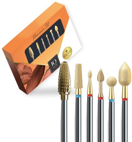 IQ NAILS EXPERT GOLD POWER Nails Nail Drill Bits Set - Set of 6 Manicure and Pedicure Drill Bits – Diamond Cuticle Drill Bits Set - Carbide Drill Bit for Hybrid, Gel, Acrylic Nails – Nail Accessories