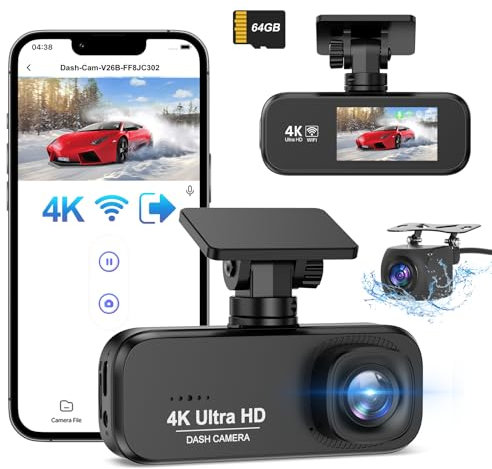 DYNACAM Dash Cam Front and Rear 4K+1080P, WiFi Dash Cam Free 64GB Card, G-Sensor, Car Camera 24H Parking Mode, Super Night Vision Dashcam, Car on-dash Support 256GB Max
