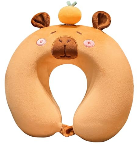Niedlich Capybara Nackenkissen Kinder Nackenhörnchen Kinder Memory Schaum U-Geformte Nackenstütze Kinder Reisekissen Waschbar Nackenstützkissen Reise Schlafkissen für Auto (Orange,30*30*9cm)