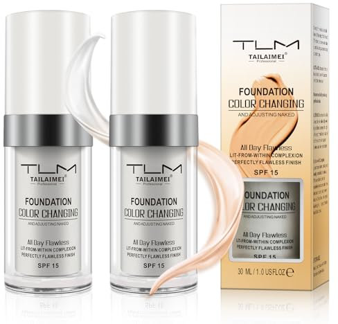 2er-Set Farbverändernde Foundation für alternde Haut, Flüssig-Concealer-Make-up-Basis mit LSF 15, selbstanpassende Nude-Creme, feuchtigkeitsspendend und langanhaltend