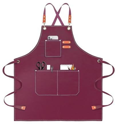 OUNLEN Chef Apron for Men Women Canvas Aprons with 3 Pockets Cross Back Resistant Work Apron for Cooking Grilling Baking BBQ Barber Kitchen (Red)