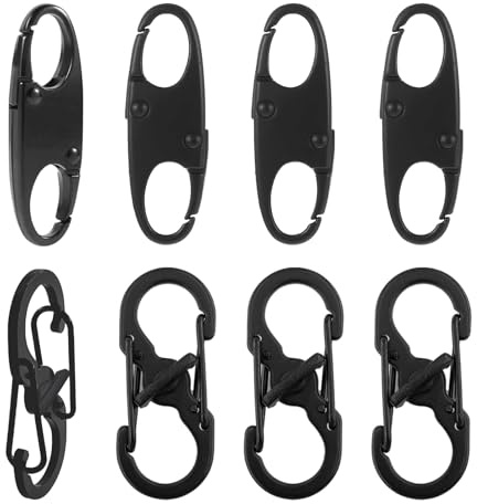 S Karabiner, 35mm/38mm Karabinerhaken Klein aus Edelstahl, Doppelkarabiner 8 Förmiger mit 2 Öffnungen, Ideal für Rucksäcke, Schlüsselbund, Federbelastete Schlüsselkette (Schwarz, 8 Stück)