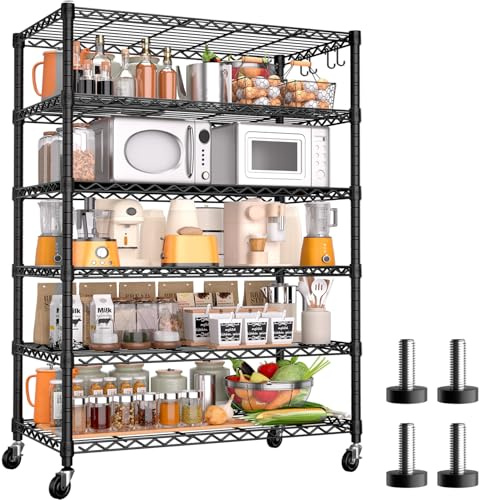 BuxWellBang 91cm x 46cm x 191cm Wire Storage Shelves with Wheels, NSF Certified 6-shelfs Heavy Duty Adjustable Kitchen Shelving Unit, Pantry Organizer Rack Rolling Metal Shelf for Garage