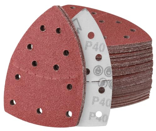 Sruhrak 50 pièces Abrasif pour Ponceuse 152 x 105 mm Feuille abrasive triangulaire, 11 trous avec crochets et boucles Grain 40 à Abrasif pour Ponceuse électrique Bois Métal Plastique