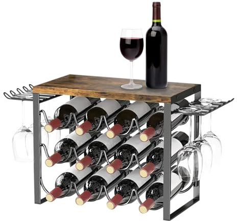 Estantes de Vino para Encimera, Porta Botellas de Vino para 12 Botellas y 6 Porta Copas Botellero Madera para Encimera con Bandeja Estante de Vino Independiente para Cocina Bar Bodega Armario