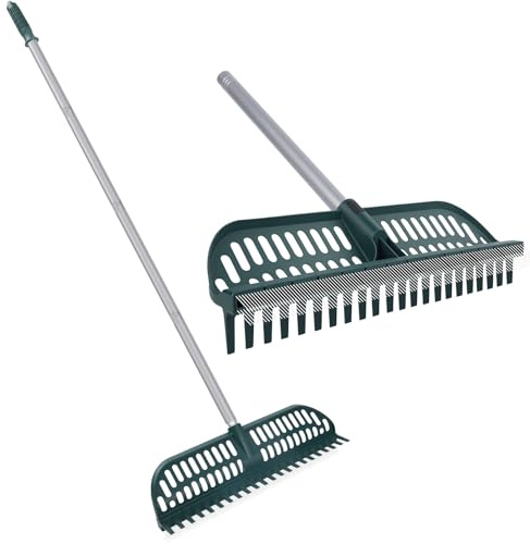 Rastrillo de césped artificial con cabezales de doble cara de 18 pulgadas, rastrillo de césped de 32 a 61 pulgadas para césped artificial, escoba de césped para jardín, césped, hojas de césped
