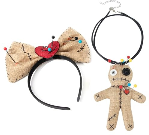 PEPWE Haarreif mit Fliege, Voodoo-Puppe, Halskette, Cosplay-Kostüm, Haarreif, Maskeraden, Haarband, Kopfschmuck für Halloween-Kostüm, Kopfschmuck