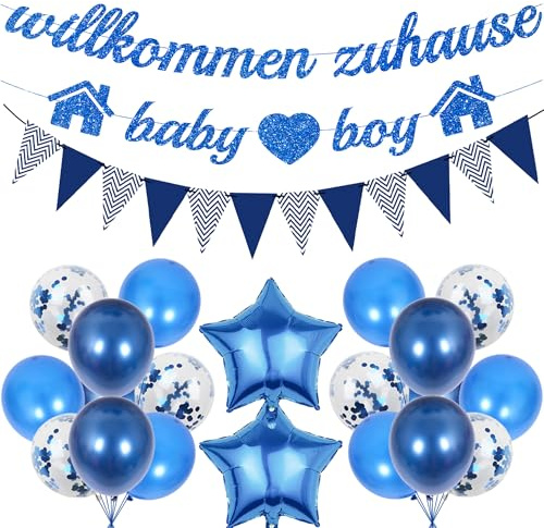 Welcome Home Baby Deko Junge - 23 Stück Deko fur Junge | Blaue Willkommen Deko für Baby Junge mit Girlande Wimpelkette Luftballons Folienballon ideal für Babyparty