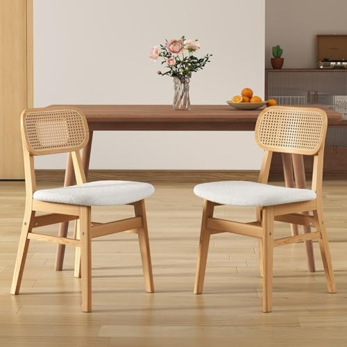 chairus Set di 2 Sedie Cucina in Legno Sedie da Pranzo in Pelliccia Sintetica Sedia Imbottite con Schienale in Rattan Sedie da Salotto per Sala da Pranzo/Soggiorno/Camera da Letto, Beige