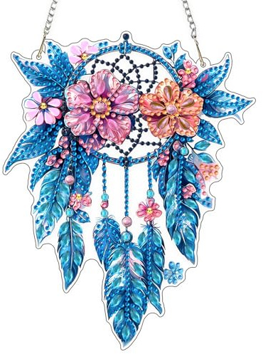 KEYIFA 5D Traumfänger Diamond Painting Fensterbilder Erwachsene, DIY Diamond Painting Beidseitig Anhänger, Hängende Art Window Pictures Kit für Wohndeko Gift 20x20cm