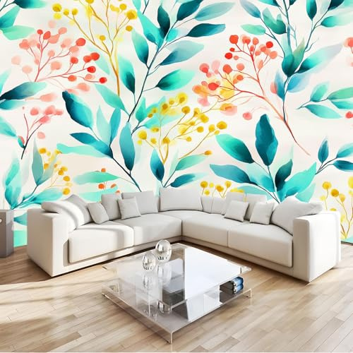 Carta da Parati Panoramica Squisito Acquerello Fiori Foglie, Blu Verde Carta da Parati Murale 150 x 105 cm (L x A) – Fotomurale Per Soggiorno Camera da Letto Dei Bambini E Studio