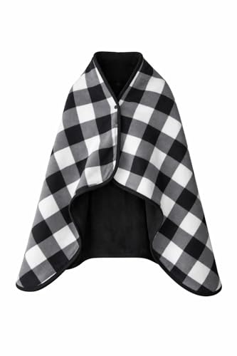 eBoutik - Women’s Sherpa Fleece Wearable Blanket Poncho – Soft Warm Plaid Flannel Hooded Wrap, Cosy Oversized Shawl for Summer Home Lounging, Sofa, Travel & Gifts (Black & White Square)