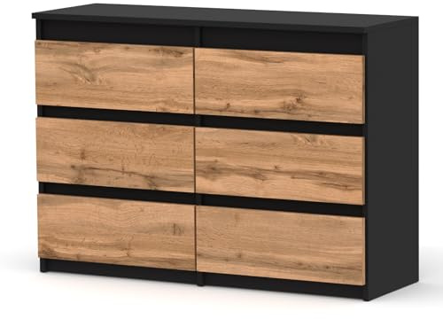 MRBLS_HOME Kommode mit 6 Schubladen - Holz Sideboard 100 x 71,5 x 33,5 cm (B/H/T) - Schmale Kommode für Schlafzimmer & Flur - Regal mit Schubladen - Schrank mit Schubladen (Schwarz Matt - Wotan)