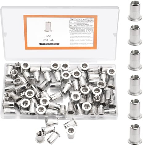 80 Pcs M6 Rivet Nuts, Metric Rivnuts Assortment Kit, Stainless Steel Rivets, Threaded Insert Nuts, Flat Head Nutserts, Threaded Rivet Nut Set for Metal Sheets, Electrical Appliances, Industrial