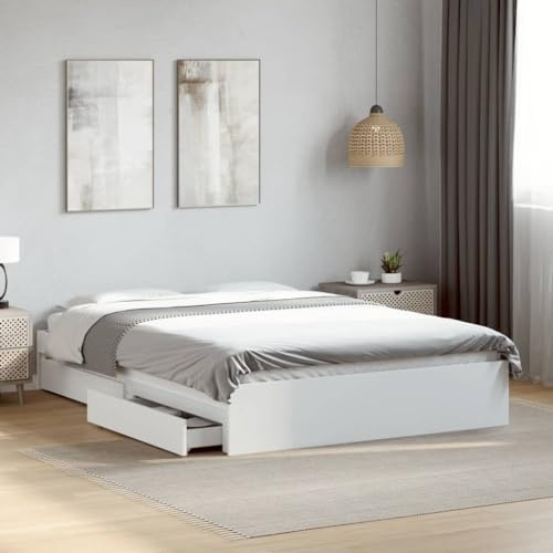 Refined Bettgestell Bett mit Schubladen für Schlafzimmer Bettrahmen mit Lattenrost Schlafzimmerbett Doppelbett Weiß 140x200 cm Holzwerkstoff