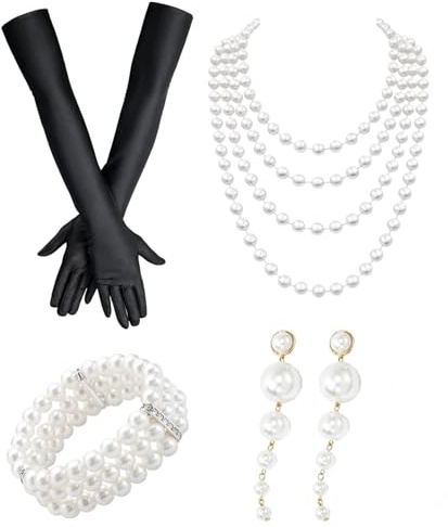 PjuQow Perlenkette Damen, 20er Jahre Kostüm Damen, Elegante Perlenkette Lang, 4-teiliges Schmuckset mit, Strass-Armband und Ohrringen, Hochwertiges Accessoire für besondere Anlässe