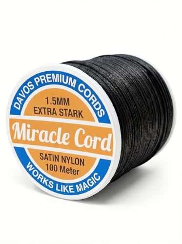 Miracle Cord Cordoncino di raso da 1,5 mm in nylon satinato, morbido e setoso, per la creazione di gioielli, bracciali, perline, macramè e cucito (nero, 100 metri)