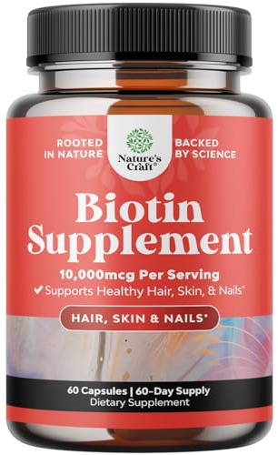 10000 mcg Pure Biotin Pills for Women Men - Promotes Thicker and Fuller Hair. Natural Supplement for Shiny Thick Hair Growth - Vegetarian Vitamin Capsules - Get Clear Skin Strong Nails - 60 Count