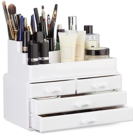 Relaxdays 1 x Make Up Organizer mit 4 Schubladen, Kosmetik Halter f. Nagellack u. Lippenstift, Make Up Kit aus Acryl, weiß