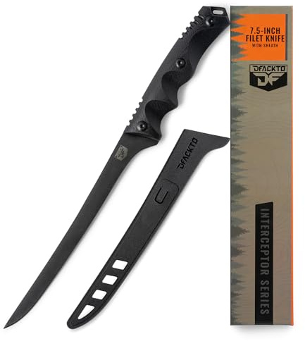 DFACKTO Interceptor 7.5 Fillet Knife – High Carbon Stainless Steel Full Tang Blade, Tactical G10 Fiber-Resin Handle, Rugged Filleting Knife for Outdoor Camping & Kitchen Utensil with Sheath – Black