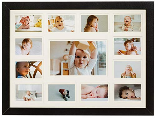 WOOD SIDE ORBIS 13 Opening Collage Picture Frame K-12 with Double White Mat - Displays One 4x6 and Twelve Wallet Size 2.5x3.5 - Wall Mounting, Landscape, Portrait - Black