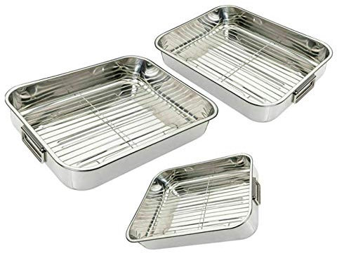Prima Stainless Steel Baking Tray - Oven Cooker Grill Pan Roasting Tray with Steel Wire Rack - Set of 3 Trays | Small, Medium, Large