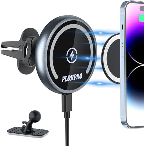 Magnetisch Kabelloses Handyhalterung Auto Belüftungsclip Ladegerät, Magnet Auto Handyhalter mit Ladefunktion für MagSafe Autohalterung iPhone16 15 14 13 12 Serien 15W Schnellladung Autoladegerät（grau）