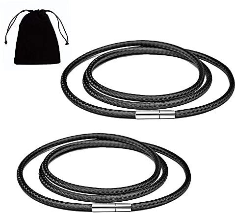 QincLing 2 Stück Kunstleder Kette, Lederband Halskette Kunstleder Schwarz Gewebt Geflochtene Lederkette Damenkette Herrenkette mit 316 Edelstahl Verschluss für Herren Damen Junge Anhänger, 3mm Breit