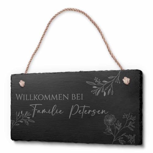 Schieferschild mit Kordel & Deiner Wunsch-Gravur | Persönliches Geschenk oder individuelle Dekoidee | Mit Motiven zB Blumen Rosen Leuchtturm Herzen Vögel
