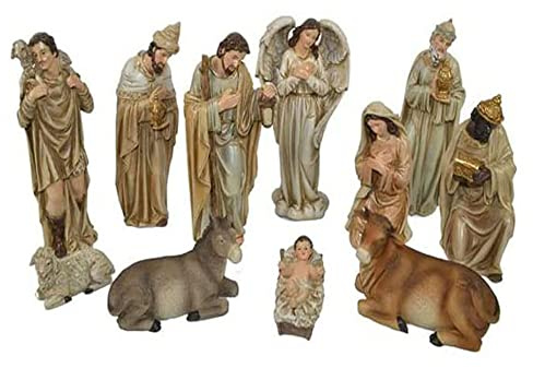 Presepe Natività in Legno con 11 soggetti Fino a 14 cm Personaggi Statue Bianca Natività Giuseppe Maria Gesù Bambino, Re Magi, Bue e Asinello, Angelo, Pastore con Pecora