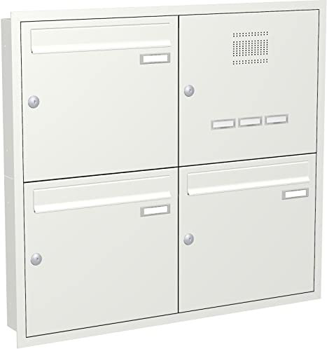 Briefkastenanlage Unterputz mit eckiger Verkleidung und Klingeln Modell U3 Farbe RAL 9016 Verkehrsweiß, Größe mit 3 Briefkästen