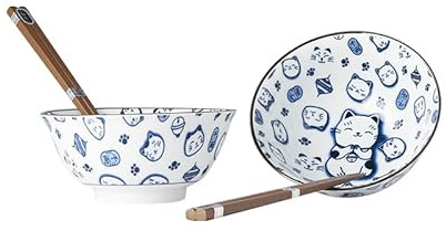 MIJ Europe Set de 4 bols en céramique avec motif chat Maneki Blanc et bleu 15 cm de diamètre, 400 ml, 2 paires de baguettes, 1 paire de bols pour 2 personnes