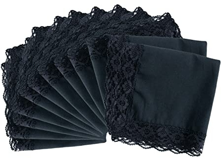 CoCoUSM Ladies Handkerchiefs with Lace Pure Cotton Womens Hankies Black 3PCS