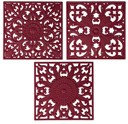 Viwehots Silicone Trivets Mats for Hot Pots and Pans, Square Microwave Cover Mat for Table or Counter, Multi-Use Carved Hot Pads Flexible Modern Pad Heat Resistant Big Teapot Coaster Set of 3 Burgundy