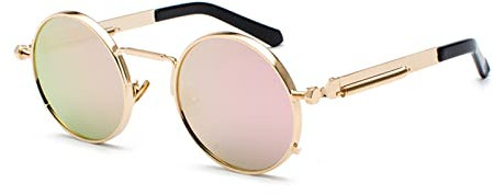 Europäische Und Amerikanische Retro Sonnenbrille Im Steampunk Aus Metalllegierung, Mode-Punk-Stil, Runde Sonnenbrille Mit Rundem Rahmen, TRE(Color:Goldrahmen + rosa Linse)