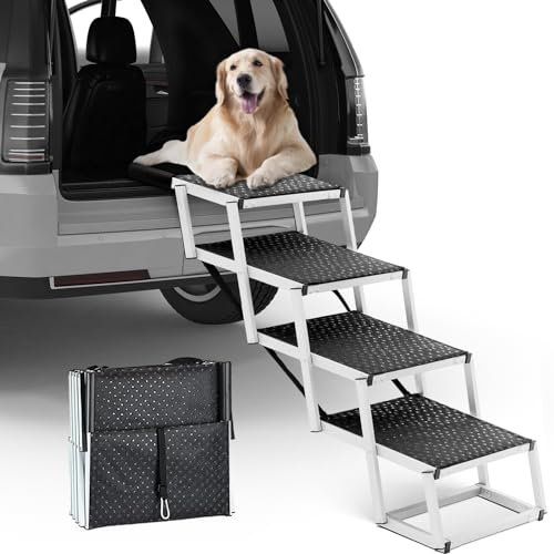 Hundetreppe für große Hunde, faltbare 4-stufige Hunderampe, Satiren für Auto, SUV, LKW, Hochbett, Couch, Aluminium-Hundetreppe unterstützt 68 kg, 43,2 cm breit, 63,5 cm hoch