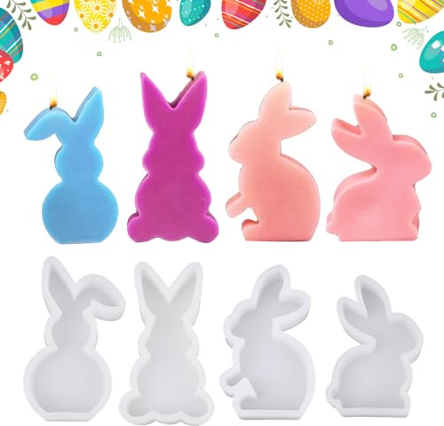 Ellxen Pack of 4 Easter Bunny Silicone Moulds,3D Silikonform,DIY Hasenform for Gips, Osterhase Silikonform kerzenhalter,Handwerk,Sojawachskerzen,Heimdekoration,Osterdekoration(Keine Mulde)